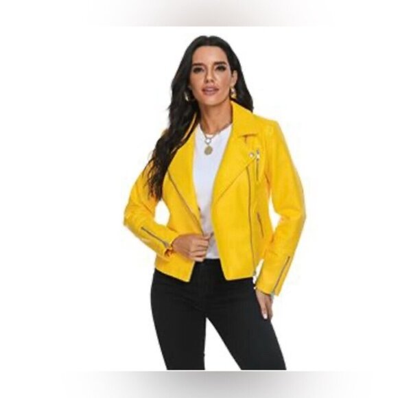 🩷 SCRJFS - Women's Faux Leather Motorcycle Jacket - Yellow. Size: L. NWT. (1784) - Picture 11 of 12